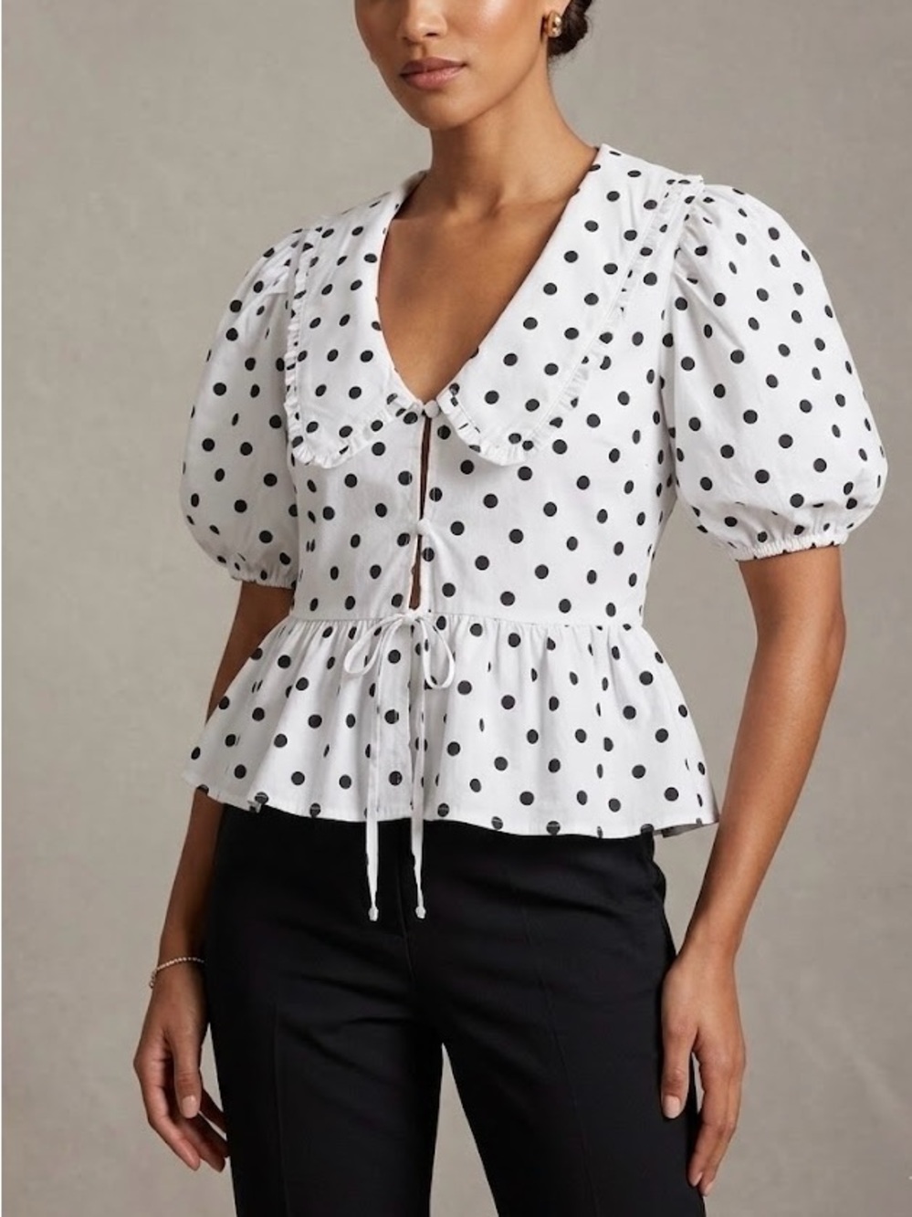 LOTUS & LAVENDER Women’s Polka Dot Peplum Blouse with Peter Pan Collar - Size L